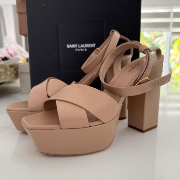 Saint Laurent Farrah 80  Cross Band Leather Platform Sandals Nude Beige Heels - Picture 1 of 9